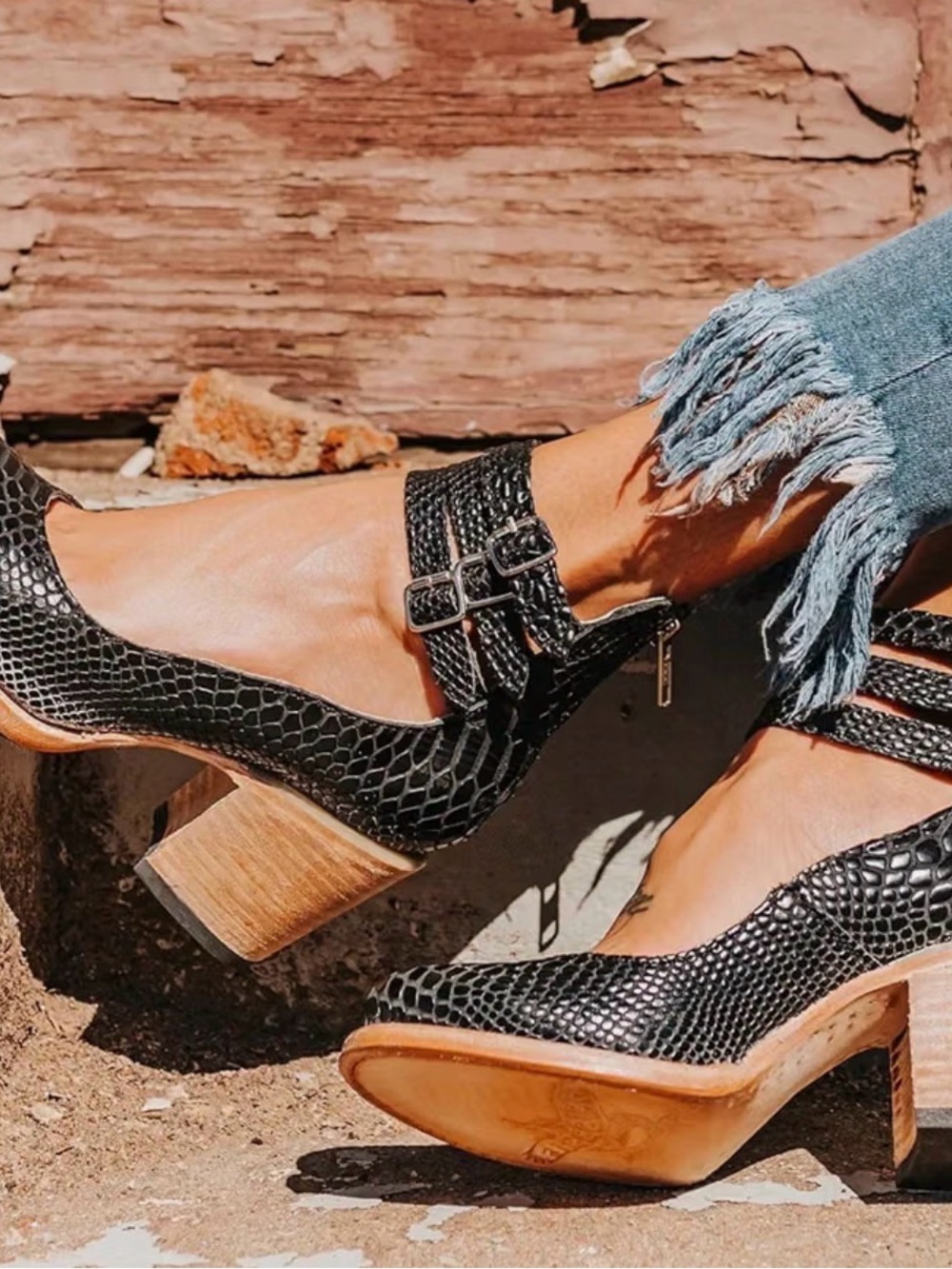 Black Croc-Textured Mary Jane Block Heels with Double Strap